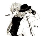  2boys :p anzu_(o6v6o) back-to-back character_name earphones earphones fedora genderswap genderswap_(ftm) glasses greyscale gumiya hair_ornament hairpin hand_in_pocket hand_on_own_head hat kagamine_rinto long_sleeves looking_at_viewer looking_back male_focus monochrome multiple_boys plaid plaid_scarf scarf tongue tongue_out upper_body vocaloid 