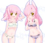  2girls :d animal_ears bangs bare_arms bare_shoulders blue_outline blush bow bow_bra bow_panties bra closed_mouth commentary_request cowboy_shot eyebrows_visible_through_hair floppy_ears glasses gluteal_fold green_bra green_panties grey_bra grey_panties hair_between_eyes hair_over_one_eye highres kanijiru lingerie long_hair multiple_girls navel open_mouth original panties pink_hair plaid plaid_bra plaid_panties rabbit_ears red-framed_eyewear semi-rimless_eyewear smile twitter_username under-rim_eyewear underwear underwear_only very_long_hair white_background yellow_eyes 