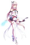  1girl arrow boots bow_(weapon) breasts choker detached_sleeves dress elsword eve_(elsword) facial_mark floating_hair flower full_body garter_straps hair_flower hair_ornament hairband highres holding holding_arrow holding_bow_(weapon) holding_weapon long_hair long_sleeves looking_at_viewer neck_ribbon orange_eyes red_ribbon ribbon ryu_nim short_dress silver_hair small_breasts solo standing thigh-highs transparent_background very_long_hair weapon white_dress white_flower white_footwear white_hairband white_legwear white_sleeves 