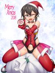  1girl 2018 ^jj^ asada_shino bare_shoulders black_eyes black_hair breasts christmas dated detached_collar elbow_gloves english_text eyebrows_visible_through_hair fur_trim glasses gloves hair_ornament hat highres leotard long_hair looking_at_viewer low-tied_long_hair medium_breasts merry_christmas one_eye_closed open_mouth party_popper red_gloves red_legwear sack santa_hat see-through semi-rimless_eyewear short_hair showgirl_skirt sidelocks sitting snowflake_print solo sword_art_online thigh-highs 