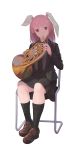  1girl alternate_costume animal_ears black_jacket black_legwear black_neckwear black_skirt brown_footwear chair check_instrument french_horn full_body grey_shirt instrument jacket jq loafers long_hair long_sleeves looking_at_viewer music necktie on_chair playing_instrument rabbit_ears red_eyes reisen_udongein_inaba shirt shoes simple_background sitting skirt socks solo touhou white_background 