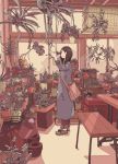  1girl 456 arm_up bag bamboo_screen bench black_eyes black_hair bucket clouds coat flat_color hanging_plant indoors long_hair muted_color original pants pants_rolled_up plant potted_plant satchel shoes sky sneakers solo table window winter_clothes winter_coat 