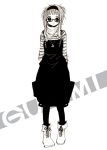  1girl :o anchor_necklace anzu_(o6v6o) arms_behind_back bangs boots character_name full_body glasses greyscale gumi looking_at_viewer monochrome one_side_up overall_skirt scarf shirt short_hair_with_long_locks solo standing striped striped_shirt vocaloid 