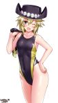  1girl artist_name black_swimsuit blonde_hair blush breasts cape_removed collarbone competition_swimsuit cowboy_hat cowboy_shot dated eyebrows_visible_through_hair grey_eyes hair_between_eyes hand_on_hip hat highres looking_at_viewer medium_hair one-piece_swimsuit one_eye_closed open_mouth short_hair simple_background small_breasts smile solo sonolar standing summon_night summon_night_3 swimsuit tsuchimiya white_background yellow_swimsuit 