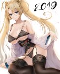  1girl 2019 arm_support bangs bare_shoulders black_bra black_legwear black_panties blonde_hair blue_eyes blush bra bradamante_(fate/grand_order) braid breasts cleavage clothes_lift eyebrows_visible_through_hair fate/grand_order fate_(series) french_braid garter_belt garter_straps hair_between_eyes highres japanese_clothes kimono kimono_lift large_breasts lifted_by_self long_hair long_sleeves looking_at_viewer nikek96 obi off_shoulder open_clothes open_kimono panties petals sash sitting solo thigh-highs thighs twintails underwear very_long_hair white_kimono wide_sleeves yokozuwari 