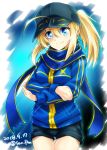  1girl ahoge artoria_pendragon_(all) baseball_cap black_hat black_shorts blonde_hair blue_eyes blue_jacket blue_scarf closed_mouth commentary_request cowboy_shot crossed_arms fate/grand_order fate_(series) hat jacket long_hair looking_at_viewer mysterious_heroine_x ponytail san-pon scarf short_shorts shorts sidelocks smile solo standing thigh_gap track_jacket twitter_username 