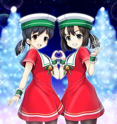  2girls alternate_costume alternate_legwear bell black_eyes black_hair black_legwear brown_eyes christmas cowboy_shot daitou_(kantai_collection) dress eyebrows_visible_through_hair gradient gradient_background grey_eyes grin hair_between_eyes hat heart heart_hands hiburi_(kantai_collection) highres kantai_collection light_particles looking_at_viewer low_ponytail medium_hair multiple_girls open_mouth pantyhose ponytail red_dress sailor_collar sailor_dress sailor_hat short_hair short_sleeves smile standing tk8d32 white_sailor_collar 