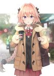  1boy absurdres astolfo_(fate) bag black_bow black_jacket blush bow braid brown_coat coat coffee coffee_cup commentary_request cup disposable_cup fang fate/apocrypha fate_(series) fur_coat fur_trim hair_intakes highres hippogriff jacket kusumoto_touka long_braid looking_at_viewer male_focus messenger_bag multicolored_hair open_mouth otoko_no_ko pink_hair red_bow red_skirt shirt shoulder_bag single_braid skirt solo streaked_hair violet_eyes white_shirt 