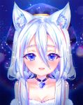  1girl :d animal_ear_fluff animal_ears bangs bare_shoulders beret blue_eyes blue_hat blush breasts cat_ears cleavage collarbone commentary_request eyebrows_visible_through_hair fur_trim hair_between_eyes hat long_hair looking_at_viewer low_twintails natsumii_chan open_mouth original slit_pupils smile solo twintails upper_body white_hair 