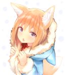  1girl animal_ear_fluff animal_ears animal_hood blonde_hair chestnut_mouth coat commentary_request fox_ears fox_tail fur-trimmed_coat fur_trim highres hood hood_down hooded_coat long_sleeves looking_at_viewer looking_up open_mouth original sukemyon tail winter_clothes winter_coat 