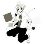  1boy :o adjusting_earphones antenna_hair anzu_(o6v6o) clenched_hand clothes_writing collared_shirt greyscale kagamine_len male_focus monochrome pants ponytail shirt shoes single_earphone_removed sleeves_folded_up solo squatting t-shirt vocaloid wristband 