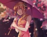  1girl artist_name blurry blurry_background brown_hair cherry_blossoms floral_print gintama grey_eyes hair_bun holding holding_umbrella kagura_(gintama) looking_at_viewer oriental_umbrella purple_umbrella short_hair sleeveless smile solo tanako_(645316096) umbrella upper_body 