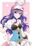  1girl animal_ears animal_hat blue_eyes blush breasts bunny_hat choker cleavage collarbone eyebrows_visible_through_hair fake_animal_ears fire_emblem fire_emblem:_kakusei hair_between_eyes hat highres long_hair looking_at_viewer lucina mars_(tsukimqru) nintendo purple_hair rabbit_ears short_sleeves small_breasts smile solo standing very_long_hair wrist_cuffs 