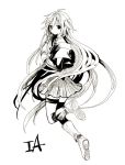  1girl ahoge anzu_(o6v6o) asymmetrical_legwear boots character_name full_body greyscale hair_between_eyes hands_together ia_(vocaloid) kneehighs leg_up long_hair long_sleeves looking_at_viewer monochrome pleated_skirt side_braids single_kneehigh single_thighhigh skirt solo thigh-highs thigh_strap very_long_hair vocaloid 