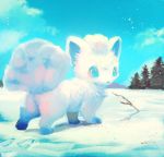 alolan_vulpix blue_eyes blue_sky clouds commentary_request creatures_(company) day fluffy footprints from_behind game_freak gen_1_pokemon looking_at_viewer looking_back manino_(mofuritaionaka) nintendo no_humans outdoors pokemon signature sky snow solo tree vulpix 