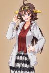  &gt;:d 1girl ahoge alternate_costume anti_(untea9) brown_background brown_hair double_bun hand_on_hip headgear highres jacket kantai_collection kongou_(kantai_collection) long_hair long_skirt red_shirt shirt simple_background skirt solo striped striped_skirt violet_eyes white_jacket 