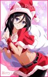  1girl black_hair black_legwear blue_eyes christmas commentary eyebrows_visible_through_hair glasses hair_between_eyes happy_birthday hat hibike!_euphonium highres long_hair looking_at_viewer merry_christmas nii_manabu over-rim_eyewear pantyhose red-framed_eyewear sack santa_costume santa_hat semi-rimless_eyewear signature simple_background skirt smile solo stomach tanaka_asuka wrist_cuffs 