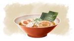  bowl brown_background egg food hard-boiled_egg kamaboko meandros mocha_(cotton) narutomaki no_humans noodles nori_(seaweed) original ramen still_life two-tone_background white_background 