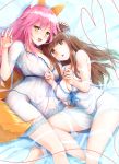  2girls :d :o animal_ears bare_shoulders barefoot bed_sheet bikini_bottom blue_panties blue_ribbon blue_strped_panties breasts brown_eyes brown_hair cleavage eyebrows_visible_through_hair fang fate/extella fate/extra fate_(series) fox_ears fox_tail hair_ribbon heart heart_of_string kishinami_hakuno_(female) kurikara large_breasts legs legs_apart lingerie long_hair looking_at_viewer lying multiple_girls navel negligee no_bra ok_sign on_side open_mouth panties parted_lips pink_hair ribbon see-through smile tail tamamo_(fate)_(all) tamamo_no_mae_(fate) underwear vertical-striped_panties yellow_eyes 