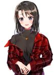  1girl :d artist_name bang_dream! bangs black_eyes black_hair black_shirt blush hair_ornament hairpin hands_together highres jewelry long_sleeves looking_at_viewer maneul_(gr_722) medium_hair michelle_(bang_dream!) okusawa_misaki open_mouth pendant pinky_ring plaid plaid_shirt red_shirt shirt simple_background smile solo upper_body white_background 
