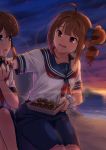  ahoge beach brown_hair commentary_request evening food hair_ornament hair_scrunchie idolmaster idolmaster_million_live! idolmaster_million_live!_theater_days kamille_(vcx68) satake_minako school_uniform scrunchie side_ponytail takoyaki twilight yokoyama_nao 