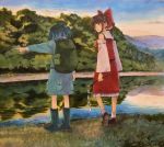  2girls backpack bag blue_hair blush boots bow brown_eyes brown_hair clouds commentary detached_sleeves forest gohei grass hair_bow hair_tubes hakurei_reimu hat hill kawashiro_nitori looking_at_another looking_to_the_side marker_(medium) multiple_girls nature open_mouth pointing reflection river scenery shiratama_(hockey) sidelocks sky touhou traditional_media two_side_up water 