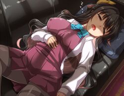  1girl black_hair blazer blouse blush bow bowtie breasts closed_eyes couch dress drooling fang grey_legwear hair_ribbon highres jacket kantai_collection large_breasts long_hair lying multicolored_hair naganami_(kantai_collection) on_back on_couch pantyhose pink_hair remodel_(kantai_collection) ribbon school_uniform shirt sleeping sleeveless sleeveless_dress solo two-tone_hair wavy_hair white_blouse white_shirt yoshi_tama 