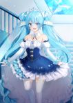  1girl :d absurdly_long_hair absurdres bangs bare_shoulders blue_dress blue_eyes blue_hair blurry blush breasts cleavage depth_of_field detached_collar detached_sleeves dress earrings eyebrows_visible_through_hair feet_out_of_frame frilled_dress frilled_sleeves frills hair_ornament hatsune_miku highres huge_filesize jewelry juliet_sleeves layered_dress long_hair long_sleeves looking_at_viewer mamel_27 medium_breasts musical_note_hair_ornament open_mouth puffy_sleeves railing sidelocks sleeves_past_wrists smile snowflake_hair_ornament solo stairs standing tareme thigh-highs twintails upper_teeth very_long_hair vocaloid walking white_legwear yuki_miku 