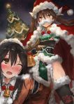  2girls ;o all_fours animal_costume bangs bell black_gloves black_hair black_legwear blush bow bowtie breasts brown_eyes brown_hair cape chikuma_(kantai_collection) christmas_tree collared_dress commentary_request crossed_arms dress elbow_gloves fake_facial_hair fake_mustache fur-trimmed_cape fur-trimmed_legwear fur_trim gloves green_dress hair_between_eyes hat highres kantai_collection long_hair looking_away looking_up medium_breasts multiple_girls night night_sky one_eye_closed open_mouth pelvic_curtain red_cape red_hat red_neckwear reindeer_costume saddle sanpaku santa_costume santa_hat short_sleeves sidelocks signature single_elbow_glove sky star thigh-highs thighs toka_(marchlizard) tone_(kantai_collection) twintails 