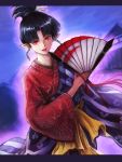  1girl black_hair copepe fan highres holding holding_fan inuyasha kagura_(inuyasha) long_sleeves looking_at_viewer outdoors pointy_ears red_eyes red_lips solo tied_hair wide_sleeves 