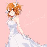  ! 1girl ahoge artist_name bare_arms bare_shoulders breasts butterfly_hair_ornament commentary_request dress eyebrows_visible_through_hair fate/grand_order fate_(series) fujimaru_ritsuka_(female) gloves hair_between_eyes hair_ornament jewelry kogatarou large_breasts looking_to_the_side orange_eyes orange_hair pink_background ring side_ponytail simple_background smile solo star teeth wedding_band wedding_dress white_dress white_gloves 