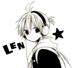  1boy antenna_hair anzu_(o6v6o) backpack bag character_name frown greyscale hair_between_eyes headphones jacket kagamine_len male_focus monochrome ponytail simple_background solo star upper_body vocaloid white_background 