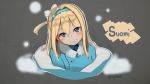  1girl absurdres blonde_hair blue_coat blue_eyes blue_hairband blush character_name closed_mouth commentary english_commentary eyebrows_visible_through_hair fur_trim girls_frontline hair_between_eyes hairband head_tilt highres kion-kun long_hair looking_at_viewer smile solo suomi_kp31_(girls_frontline) upper_body 