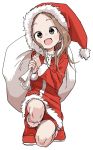  1girl :d absurdres alternate_costume bangs brown_eyes brown_hair carrying carrying_over_shoulder christmas commentary_request dress forehead full_body fur_trim hat highres karakai_jouzu_no_takagi-san long_hair long_sleeves looking_at_viewer one_knee open_mouth parted_bangs red_dress sack santa_costume santa_hat simple_background smile solo takagi-san tareme white_background yamamoto_souichirou 