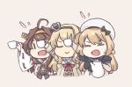  3girls :&gt; ahoge astcd2 beige_background blonde_hair blue_sailor_collar braid brown_hair closed_eyes commentary_request crown cup detached_sleeves double_bun dress flower french_braid gloves hairband hat headgear jervis_(kantai_collection) kantai_collection kongou_(kantai_collection) long_hair long_sleeves mini_crown multiple_girls off-shoulder_dress off_shoulder open_mouth red_flower red_ribbon red_rose ribbon ribbon-trimmed_sleeves ribbon_trim rose sailor_collar sailor_dress sailor_hat simple_background smile teacup teapot upper_body warspite_(kantai_collection) white_dress white_gloves white_hat |_| 