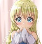 1girl bangs blonde_hair blue_eyes blurry blurry_background blush closed_mouth commentary_request depth_of_field eyebrows_visible_through_hair goblin_slayer! hair_between_eyes hands_up holding_clothes long_hair looking_at_viewer priestess_(goblin_slayer!) sin_(sin52y) smile solo upper_body 