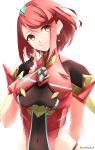  1girl absurdres breasts highres large_breasts long_hair nintendo pose pyra_(xenoblade) red_eyes redhead simple_background skeptycally smile xenoblade_(series) xenoblade_2 