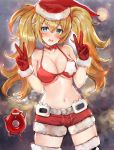  alternate_costume blonde_hair blue_eyes blush breasts enemy_lifebuoy_(kantai_collection) eriyama_(user_csua4255) eyebrows_visible_through_hair gambier_bay_(kantai_collection) gloves hair_between_eyes hat highres kantai_collection large_breasts open_mouth santa_gloves santa_hat shorts twintails v 