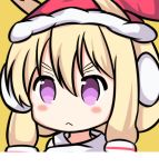  1girl :&lt; azur_lane bangs blonde_hair blush closed_mouth commentary_request earmuffs fur-trimmed_hat hair_between_eyes hair_ornament hat headphones long_hair looking_at_viewer nagato-chan portrait red_hat santa_hat sidelocks simple_background solo v-shaped_eyebrows violet_eyes warspite_(azur_lane) yellow_background 