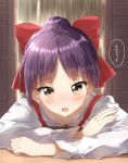  1girl :d blush bow brown_eyes commentary_request eyebrows_visible_through_hair fang gegege_no_kitarou hair_bow indoors long_sleeves looking_at_viewer nekomusume nekomusume_(gegege_no_kitarou_6) open_mouth pentagon_(railgun_ky1206) ponytail purple_hair red_bow shirt smile solo translation_request white_shirt 