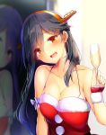  1girl :d alcohol alternate_costume arm_ribbon bangs bare_shoulders black_hair blush bra breasts brown_eyes champagne_flute cleavage collarbone cup dress drinking_glass eyebrows_visible_through_hair fingerless_gloves fur-trimmed_dress fur-trimmed_gloves fur_trim gloves hair_ornament hairband hairclip halterneck haruna_(kantai_collection) head_tilt headgear highres holding holding_cup kantai_collection large_breasts long_hair looking_at_viewer night open_mouth red_dress red_gloves reflection remodel_(kantai_collection) ribbon sidelocks smile solo strapless strapless_dress swept_bangs tsukui_kachou underwear white_bra white_ribbon window 