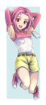  1girl :d armpits arms_behind_head belt boots breasts brown_eyes detached_sleeves digimon full_body highlights highres jumping long_sleeves looking_at_viewer multicolored_hair open_mouth pink_footwear pink_sleeves redhead shirt short_hair short_shorts shorts sleeveless sleeveless_shirt small_breasts smile solo tachikawa_mimi tori@gununu yellow_shorts 