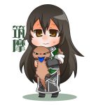  1girl animal animal_request bangs black_gloves black_legwear blush brown_eyes brown_hair chibi chikuma_(kantai_collection) closed_mouth commentary_request elbow_gloves full_body gloves gurageida hair_between_eyes holding holding_animal kantai_collection long_hair long_sleeves looking_at_viewer pelvic_curtain shadow single_elbow_glove single_glove sleeves_pushed_up smile solo standing thigh-highs very_long_hair white_background 