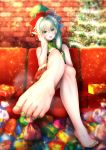  1girl bangs bare_legs barefoot black_bow blush bow breasts christmas christmas_ornaments christmas_tree cleavage_cutout elf feet gift goblin_slayer! green_eyes green_hair green_nails hair_bow hand_on_own_head hat high_elf_archer_(goblin_slayer!) highres k.ty_(amejin) legs legs_crossed light_particles long_hair looking_at_viewer nail_polish open_mouth pointy_ears shorts sidelocks sitting sleeveless small_breasts smile solo sparkle toes 
