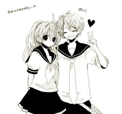  1boy 1girl ^_^ ahoge anzu_(o6v6o) arm_around_shoulder bangs brother_and_sister closed_eyes closed_eyes genderswap genderswap_(ftm) genderswap_(mtf) greyscale grin hair_between_eyes hair_ornament hairpin heart kagamine_lenka kagamine_rinto long_hair looking_at_viewer monochrome neckerchief necktie pants ponytail school_uniform serafuku short_sleeves siblings simple_background skirt sleeves_pushed_up smile strap translation_request twins v vocaloid white_background 