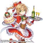  1girl alcohol apron bangs bell blonde_hair boots bottle bow bowtie breasts buttons cake candle candlelight capelet champagne champagne_bottle champagne_flute christmas_cake christmas_dress christmas_wreath commentary_request copyright_name cream cup dress drinking_glass elbow_gloves eyebrows_visible_through_hair fishnet_legwear fishnets food frilled_skirt frills fruit fur_trim gan_(shanimuni) glass_bottle gloves green_eyes hair_bow hair_ornament hairclip highres hood hood_down kanpani_girls knee_boots lips long_hair looking_at_viewer medium_breasts pom_pom_(clothes) ponytail red_dress red_footwear red_gloves shiny shiny_hair short_dress simple_background skirt smile solo star star_hair_ornament strawberry thigh-highs tray waist_apron white_background zettai_ryouiki 