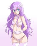  1girl bare_shoulders blue_eyes blush bra breasts choujigen_game_neptune d-pad d-pad_hair_ornament gloves hair_ornament jewelry long_hair looking_at_viewer medium_breasts nepgear neptune_(series) open_mouth panties purple_hair ring smile solo tattoo thigh-highs underwear white_bra 