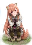  1girl animal_ears bangs blunt_bangs blush full_body highres long_hair panties pantyshot pantyshot_(squatting) raccoon_ears raccoon_tail raphtalia skirt solo squatting t2r tail tate_no_yuusha_no_nariagari underwear white_panties 