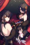  3girls ahoge ara_han asymmetrical_clothes bangs bare_shoulders black_dress black_gloves black_hair braid breasts cleavage closed_eyes corset creature cropped_jacket detached_sleeves devi_(elsword) dress elbow_gloves elsword eyeliner feather_boa gloves hair_between_eyes hair_ornament hair_over_one_eye hairpin hand_up highres hug jewelry large_breasts light_particles little_devil_(elsword) long_hair looking_at_another looking_at_viewer lying makeup multiple_girls mwo_imma_hwag ponytail side_slit sitting sleeping smile under_covers very_long_hair yama_raja_(elsword) yellow_eyes 