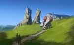  2others blue_sky clouds creatures_(company) day game_freak gen_3_pokemon grass hobermen legendary_pokemon looking_at_another mountain multiple_others nintendo pokemon pokemon_(creature) regirock sky standing walking walking_stick 